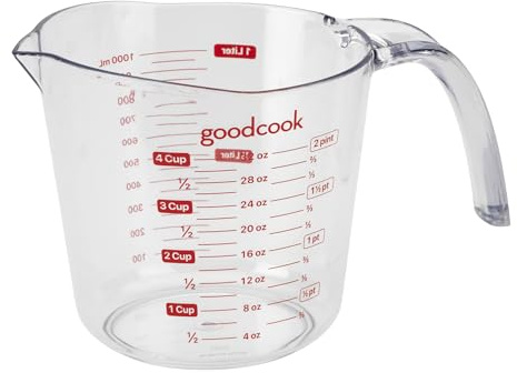 GoodCook Everyday 4-Cup Liquid Measuring Cup, Clear Plastic with Easy-to-Read Markings, Tapered Pour Spout, Comfortable Handle, Measures in Cups, Ounces, Pints, and Milliliters
