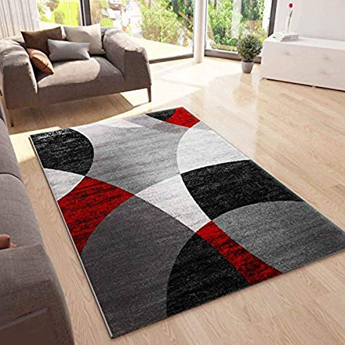 VIMODA Matta geometriskt cirkelmönster melerad i grått vitt svart och röd, mått: 120 x 170 cm