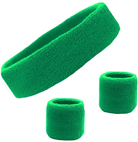 Kenz Laurenz Sweatband Set Cotton Sports Headband Terry Cloth Wristband Moisture Wicking Sweat Absorbing Athletic Exercise Basketball Wrist Sweatbands and Headbands (Green) Fits Most