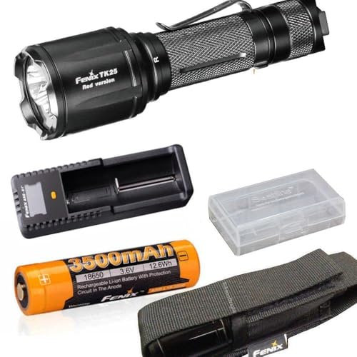 Fenix TK25 - Linterna táctica de caza con batería ARB-L18-3500, cargador ARE-X1+, cargador ARW-10 para coche, carcasa de batería, 1000 lúmenes, color blanco y rojo