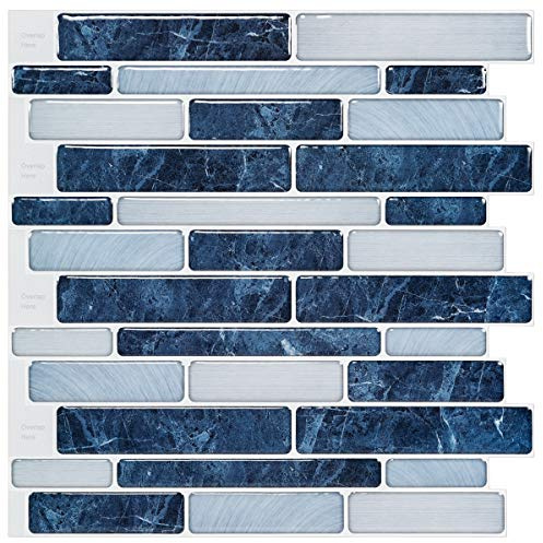 LONGKING Wall Stickers Self-Adhesive Kitchen Backsplash, Marble Look Decorative Tiles 10 Pack (Dark Blue)