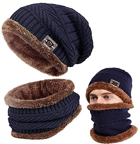 FCHITOP Cappello Uomo Invernale Berretto Uomo in Maglia con Sciarpa 2 Pezzi Cappello da Sci all'aperto e Set (Blu Scuro)