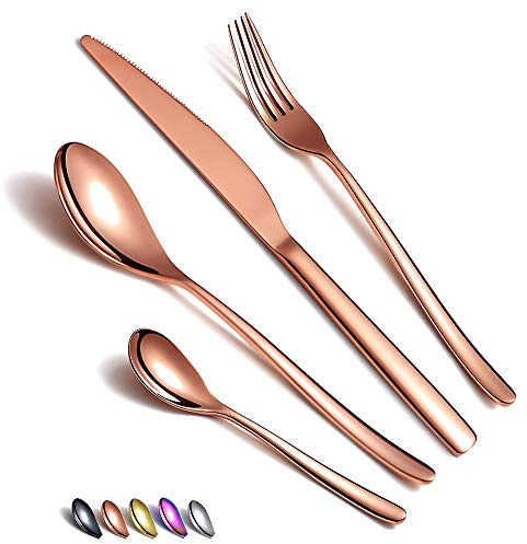 Set diPosate In Oro Rosa 24 Pezzi, Setdi Posate inRame in Acciaio Inossidabile, Setdi Posate in Oro Rosa Con Placcatura In Titanio, Set di Utensili in Rame Set di Servizi Per 6 (Rame Lucido)