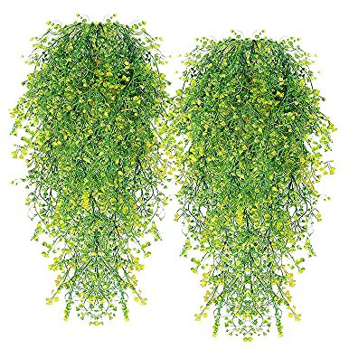 Plantas colgantes artificiales de imitación para colgar plantas de helecho falsas para interiores y exteriores, para decoración de pared, color amarillo, paquete de 4