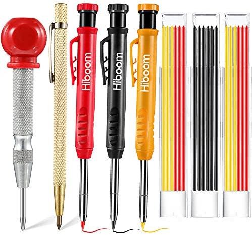 8 Paquets Set de Crayons de Charpentier avec Poinçon Central, Outil à Tracer à Carbure, Marqueur Porte-Mine Outil de Marquage avec Taille-Crayon Intégré, 21 Recharges Rouge Jaune Gris