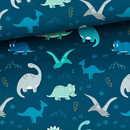 50x150cm Baumwollstoff mit Dinosaurier - keine Meterware - Dino Stoff aus 100% Baumwolle - Stoffe zum Nähen für Kinder & Baby - 7 versch. Dinos auf navy - Jungen Tiere Premium Baumwollstoffe