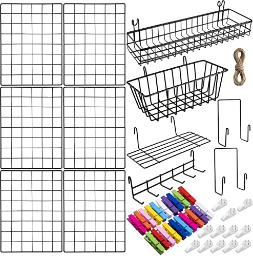 6 Pack 16 x 12 Inch Black Wall Grid Wire Panel with Accessories 1 Black Hanging Wire Basket, 1 Shelf, 1 Hook Rack, 2 Letter Sorter Shelf, 20 Clips, 12 Non Trace Nail, 2 Hemp Rope, Photo Home Decor