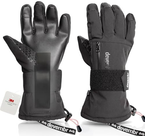devembr Skihandschuhe mit Handgelenkschützern, Warme Snowboardhandschuhe für Herren und Damen, Schwarz, XS