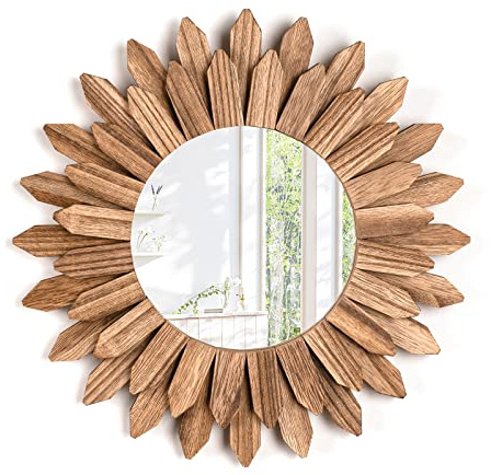 Emfogoo Wall Mirror 30cm Rustic Wood Sunburst Farmhouse Boho Mirror Wall Decor Home Decor for Bedroom Living Room Entryway (Carbonized Black)