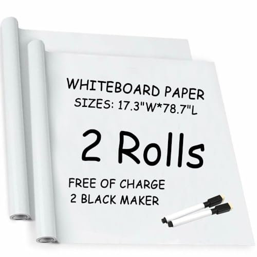 2 Rolls Whiteboard Paper Sticker Roll, DIY Self-Adhesive Dry Erase Paper Film, Large 17.3 X 78.7 with 2 Black Water-Based Pens, Chalkboard Wallpaper for Home Office
