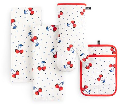 Kate Spade New York Cherry Dot kökshandduk, ugnsvante och grytlapp 4-pack set, 43 cm x 71 cm, 17,8 cm x 33 cm, 17,8 cm x 25,4 cm, vit/röd/blå