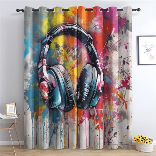 THYUNQ Vorhänge Musik Graffiti Motiv, Vorhang Blickdicht Verdunklungsvorhänge Thermovorhang mit Ösen, Gardinen Wohnzimmer Schlafzimmer Fenster, 2er Set Curtains, H 166 x B 75 cm