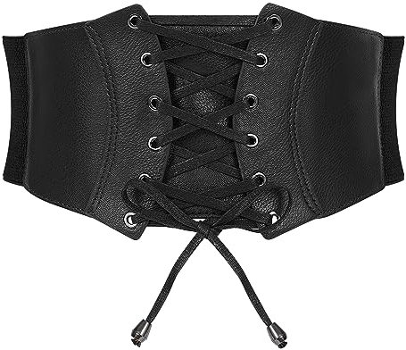 WERFORU Damen Breiter Gürtel Vintage Elastischer Taillengürtel Faux Leder Korsett Gürtel Schnürung Cinch Taillengürtel Schwarz