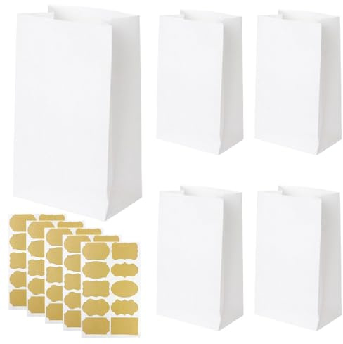 Gotetiso Tüten zum Befüllen Weiß 50 Stück Papiertüten Weiß Papierbeutel Bodenbeutel Butterbrottüten Geschenktüten Kraftpapier Tüten Papier Tüten mit Aufkleber Verpackungstüten für DIY Brot Keks Candy
