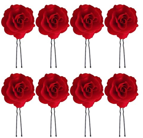 8 stycken röda ros-hårnålar, retro blomma hårnålar, u-formade brud-huvudbonader, flick-stylingtillbehör, lämpliga för bröllop, fester, avslutningsbollar
