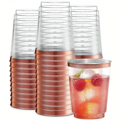50 vasos de plástico reutilizables con borde de oro/plata/oro rosa, 360 ml, vasos de plástico reutilizables, elegantes copas de vino para champán, cerveza, cócteles, postres (oro rosa)
