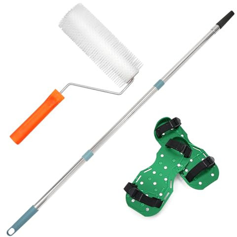 QWORK® Kit d'outils de ciment autonivelant, rouleau débulleur 23 cm (hauteur dent 20 mm) + patins à pointes époxy + tige télescopique 1,2 m