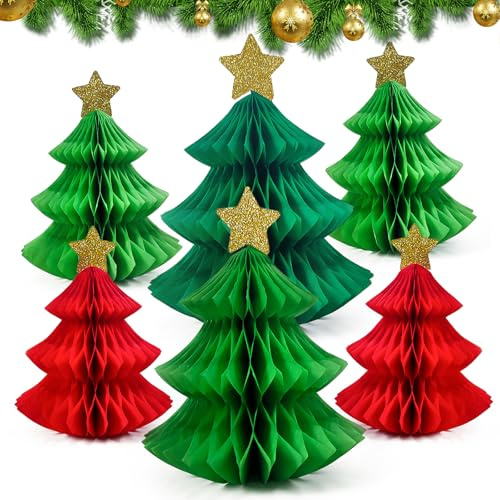 6 Stück Papier Tannenbaum, Wiederverwendbare Weihnachtsbäume, Wabenbälle Weihnachten Deko, 3D Papier Weihnachtsbaum Grün Rot für Tischdeko Weihnachten, Tannenbaum Deko zum Hängen oder Stellen