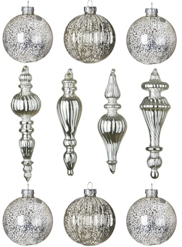 DN DECONATION Quecksilber-Glas-Weihnachtsschmuck, Silberne hängende Kugeln | mit verschiedenen Formen für Weihnachtsbaumdekoration, Vintage-Endstücke, luxuriöse Weihnachtsdekoration, hängende Kugel