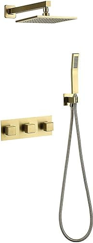 Klassisches Duscharmatur-Mischbatterie-Set, Messing-Badezimmerdusche, 20,3–25,4 cm quadratischer Regenduschkopf, gebürstetes Gold, Wandmontage, Badezimmerarmatur mit Duscharm, mit Duschkopf und