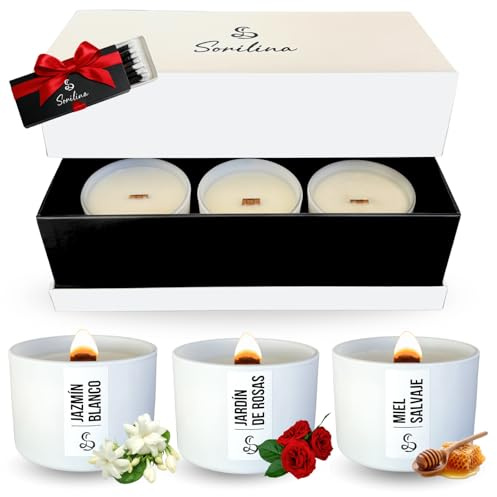 SORILINA Set 3 Velas Aromáticas Jazmín Rosas Miel Cera de Soja Caja Regalo
