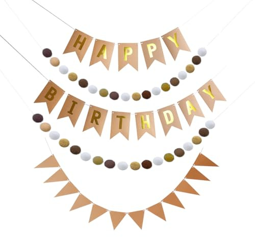 Happy Birthday Girlande Banner Kraftpapier Wimpelkette Banner mit 2 Stück Pompongirlande Gold Happy Birthday Hintergrund Dekorationen Girlande Fähnchen Banner für Happy Birthday Party Dekorationen