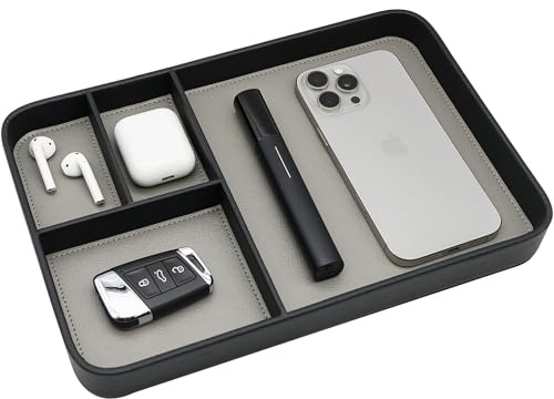 Bandeja de piel sintética, elegante y organizada, bandeja de escritorio para entrada, bandeja EDC para llaves de teléfono, reloj, cartera, joyería (negro)