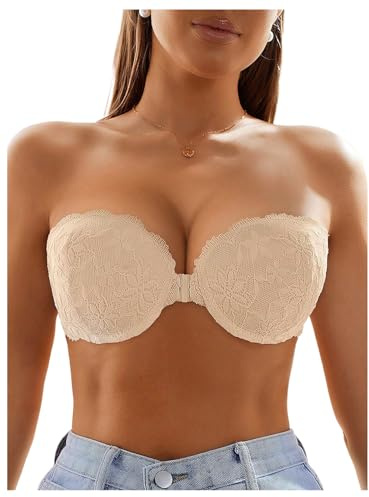 GORGLITTER Women's Strapless Underwire Front Fastening Bras | Scalloped Lace Bandeau Bras, Push Up, High Support, Strapless, Clear Straps Bra for Summer, Dress, Wedding