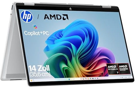 HP OmniBook X Flip 2in1 Next Gen AI Laptop | AMD Ryzen AI 7 350 (8C) | dedizierte NPU für KI | 50 NPU Tops | Copilot+ PC | 14 WUXGA 1920x1200 Touchscreen | 16GB | 512GB SSD | Win11 | QWERTZ | Silber