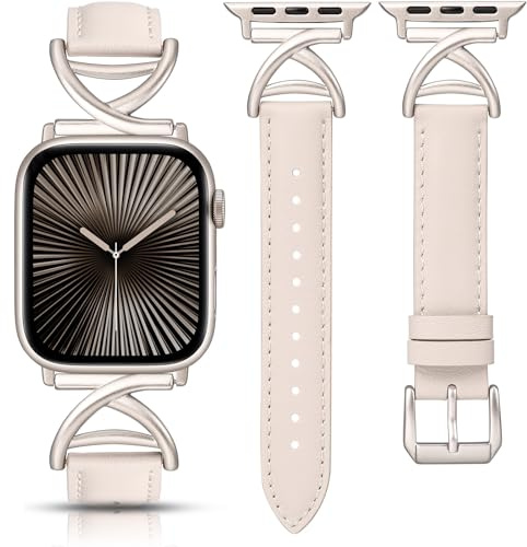 TOYOUTHS Lederarmband kompatibel mit Apple Watch Armband 38/40/41/42/44/45/46/49mm Damen, Schlank Elegant Dressy Leder Armbänder mit A-förmiger Schnalle für iWatch 11 10 9 8 7 6 5 4 SE/Ultra 3 2 1