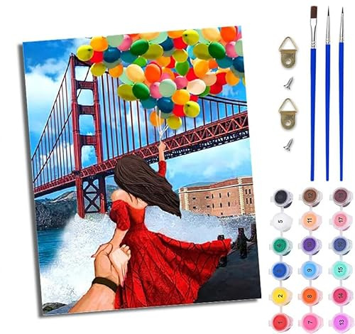 WJWWANG Paint by Numbers for Adults 16x20inch DIY Paint by Numbers Kits Bridge Balloon Couple for Beginner on Canvas Oil Painting with Paintbrushes for Home Decoration