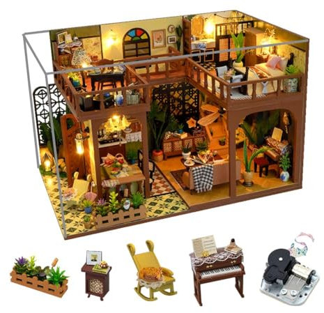 DIY Miniatur Puppenhaus Bausatz Holzpuppenhaus mit LED Licht staubdicht und Musikbox Mini Loft Haus Zubehör Möbel Spielzeug für Erwachsene Teenager Kind Geburtstagsgeschenk