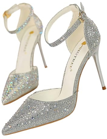 ticticlily Decollete Donna Scarpe con Tacco Alto10 cm Eleganti Tacchi con Strass Scintillanti Cinturino alla Caviglia A Argento 34 EU