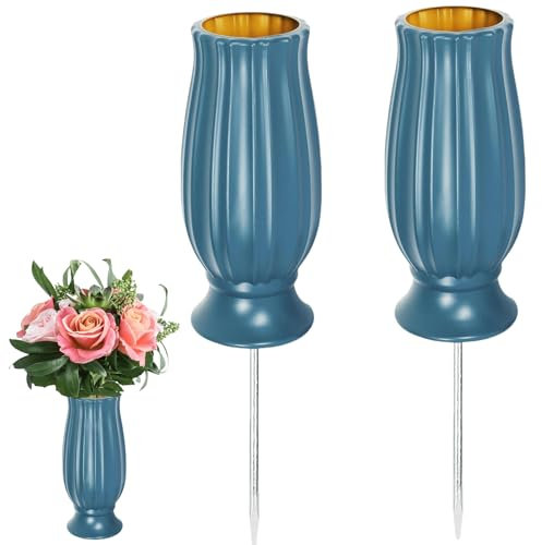 Vaso funerario con picchetto, 2 vasi funerari con base da 11 cm, vaso per cimitero per fiori freschi/artificiali, come decorazione per tomba, vaso con base per lapide, cimitero, colore: blu