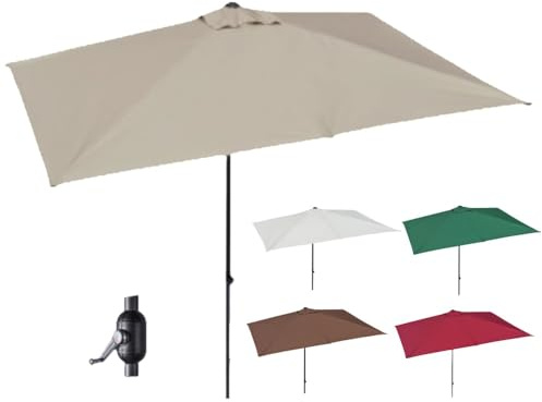RTVGNSZSJL Parasol De Jardin Demi-Parasol 200cm 250cm Parasol De Terrasse Demi Rectangulaire avec Manivelle, Parasol De Marché Extérieur pour Porche, Balcon, Terrasse(Khaki,250x130cm/8x4ft)