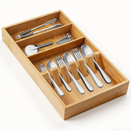 Wlicon Bamboo Cutlery Organizer 42 CM x 25.5 CM x 4.5 CM Bamboo Silverware Drawer Organiser Wooden Utensil Drawer Tray Divider with Grooved for Kitchen Tableware Knife Storage