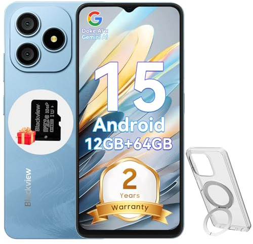 Blackview Wave 9C Telefono Móvil Android 15, 12GB+64GB/2TB TF, IP54 6,56, 13MP+8MP, 4G Dual SIM Smartphone Baratos, Face ID/Fingerprint/OTG/GPS / 32GB TF Tarjeta/Funda de Moviles con Soporte
