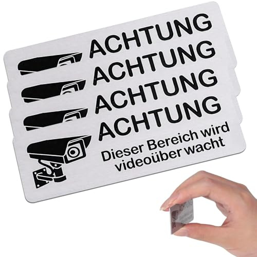 4 Stück Videoüberwachung Schilder, Selbstklebend Aluminium Schild Warnschild, Hinweisschild Achtung Videoüberwachung Privatgrundstück， 85×30mm