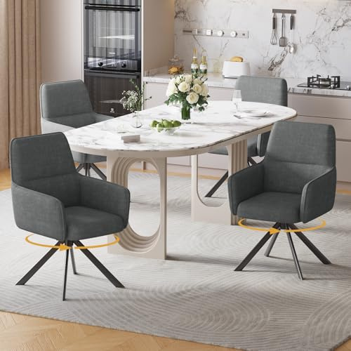 Ckaff 4er Set Esszimmerstühle Drehbar mit Armlehne, 360°Drehbar Polsterstuhl Küchenstuhl aus Chenille, Stühle Esszimmer Schminkstuhl mit Metallbeine für Esszimmer Küche Schlafzimmer, Dunkelgrau