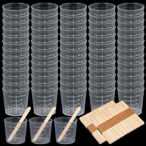100 Pack 60ml/2oz Transparent Measuring Cups with 100 Pack Wooden Stirring Sticks Reusable Clear Plastic Graduated Epoxy Mixing Cups for Liquids Resin, Epoxy, Stain, Mixing Paint, School Labs