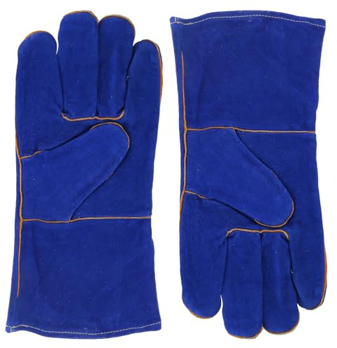 Guanti da saldatura in pelle, resistenti al calore, per forno saldatore, manipolazione animali/barbecue, guanti da saldatura in pelle blu da 35,6 cm