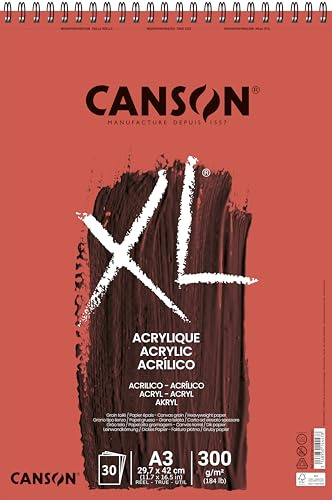 Canson XL Acrylic, Papel para acrílico, Lienzo, 300gsm, Bloc con espiral lado corto, A3 (29,7x42cm), Blanco, 30 hojas