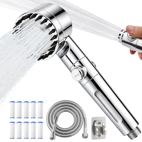 ComPDCVD Pommeau de Duche Haute Pression, Pommeau de Duche Anti Calcaire | Economie Deau avec Tuyau Douche 1.5M, Douchette avec 10 Filtre avec 3+1 Modes de Jet, design portable haute pression Stop Eau