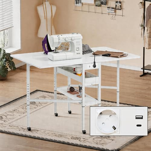 eslohnt Nähtisch Klappbar,Verstellbare Höhe,Holz Klapptisch mit Rädern und Stauraum,Mobiler Zuschneidetisch mit Ladefunktion für große Stoffe,für Nähzimmer Arbeitszimmer Schlafzimmer zu Hause,Weiß