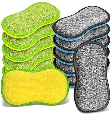 Washing Up Sponge 12 Pack,Microfiber Kitchen Dish Scrub Sponges, Reusable Dual-Sided Heavy Duty Non-Scratch Cleaning Scourers Sponge for Dishes, Pots, Pans, Stovetop & Sink