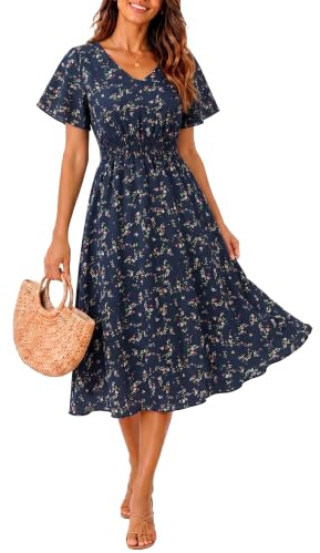 Timormode Summer Dresses for Women UK 2026 Floral V-Neck Short Sleeve Midi Dress Flowy Pleated Waist Casual Beach Dress TMQC027 NavyFlower L