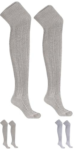 German Wear Trachtenstrümpfe EXTRA LANGE Trachtensocken Zopfmuster Baumwolle overknee Strümpfe - passend zu kurze Lederhosen - 70cm -Natur/meliert - 41-43
