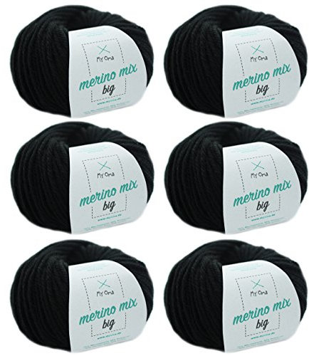 MyOma Merinowolle Zum Stricken - Schwarz (Fb 3200) - 6 Knäuel Dicke Wolle - GRATIS Label - 50g/75m - Nadelstärke 6-7mm - Weiches Merino Garn