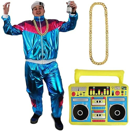 Costume de coquillage des années 80/90 + Blaster Ghetto + Chaîne dorée Inclus: veste bleue brillante à fermeture éclair + survêtement pantalon + boombox des années 80 + chaîne dorée Taille S