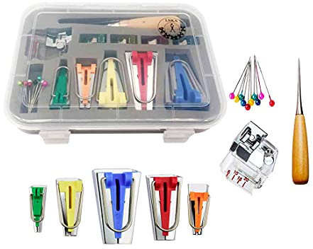 Bias Tape Maker Set,LNKA 5 Sizes 1/4 3/8 1/2 3/4 1 Bias Maker Kits | with Instruction,Binding Foot,Awl,Clips, Bead Needles- For quiltmaking and fabric fold bias strips